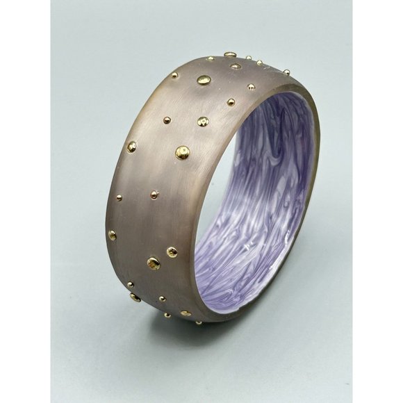 Frosted Lucite Bracelet Studded Bangle Wide Rigid Satin with Raised Gold Dots - Picture 7 of 9
